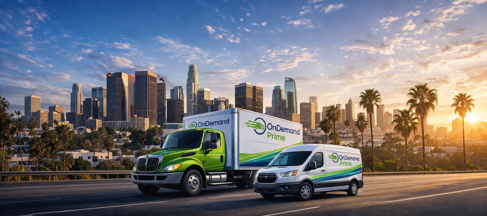 OnDemand Prime fleet vehicles with LA skyline